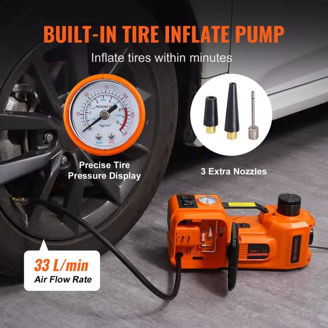 Built-in air pump demo showing tyre inflation from the 3-in-1 electric car jack