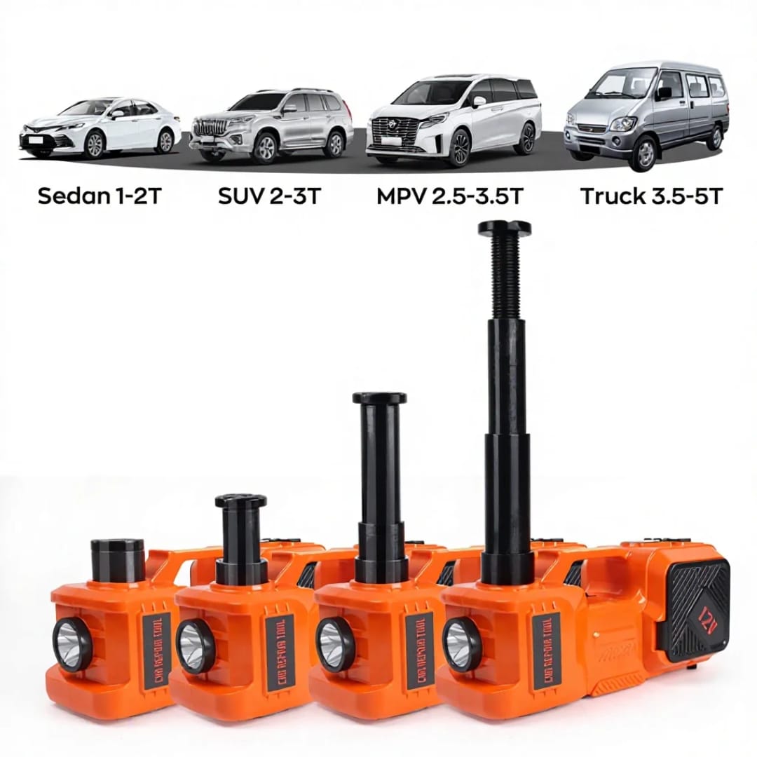 Compact carry case that stores the full 3-in-1 electric hydraulic car jack kit